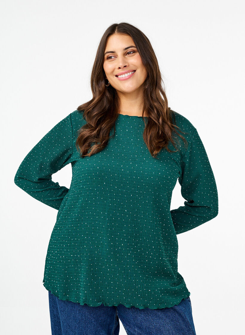 Long-sleeved blouse with rhinestones, Green, Model image number 0