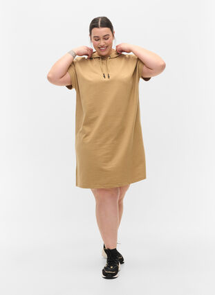 Hooded short-sleeved sweat dress, Tannin, Model image number 2