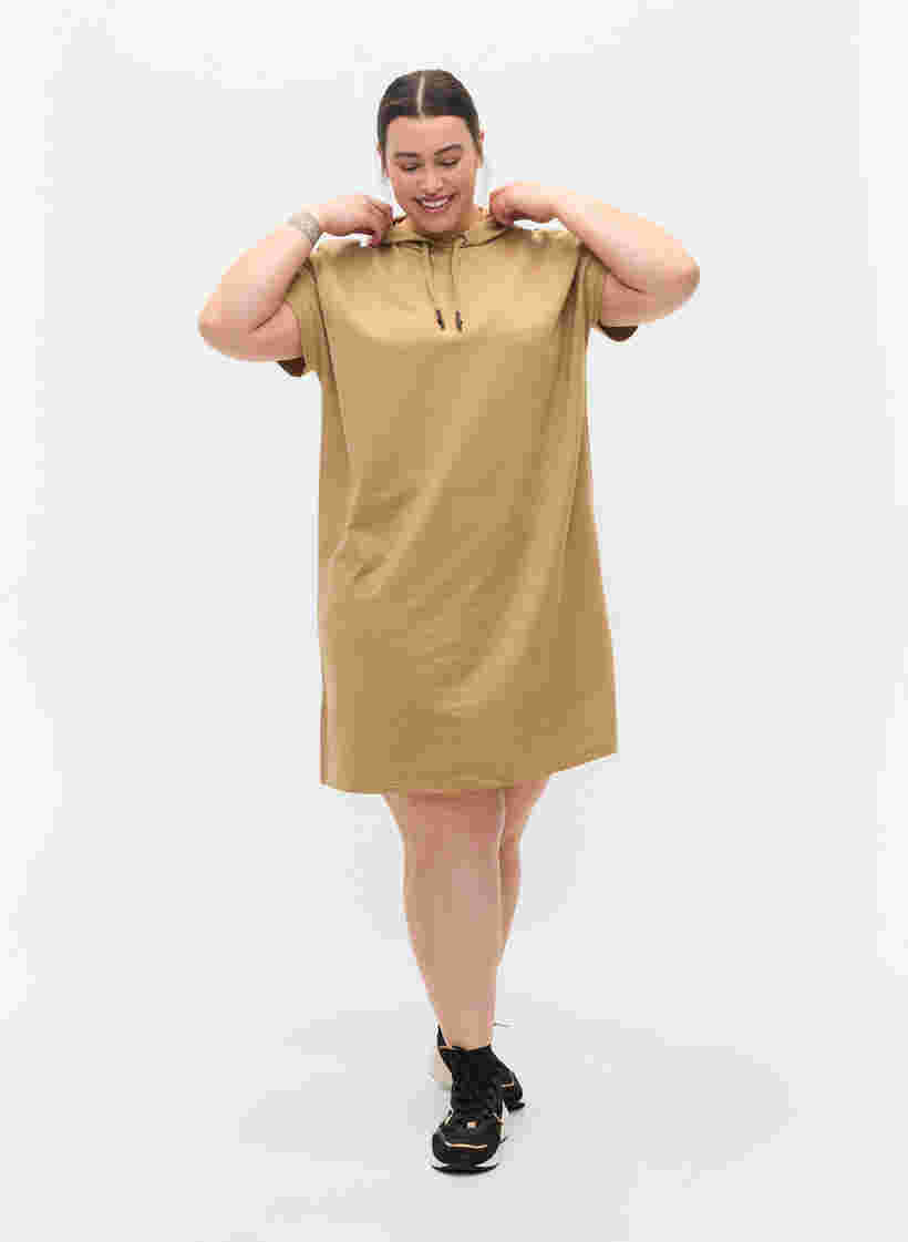 Hooded short-sleeved sweat dress, Tannin, Model image number 2