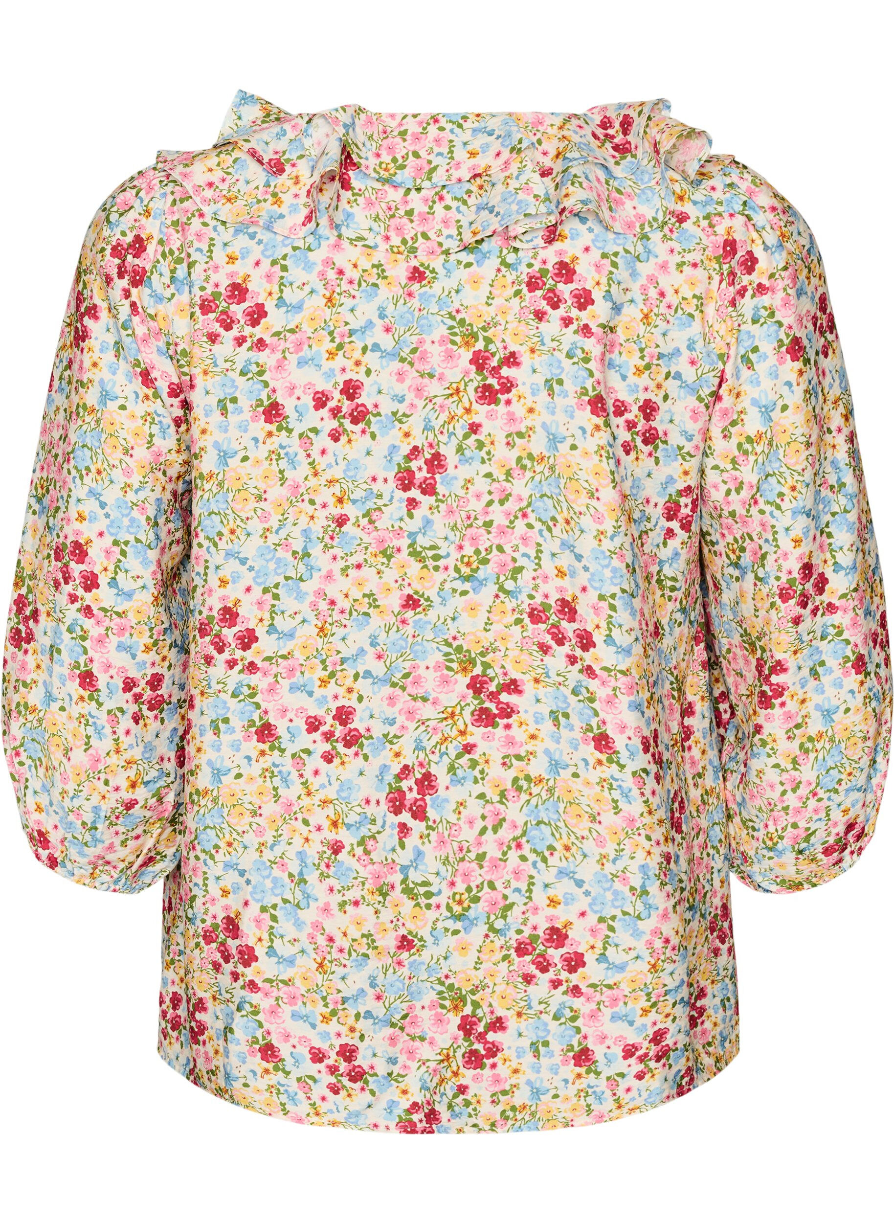 ZizzifashionViscose blouse with floral print and 3/4 sleeves, Blue, Packshot image number 1