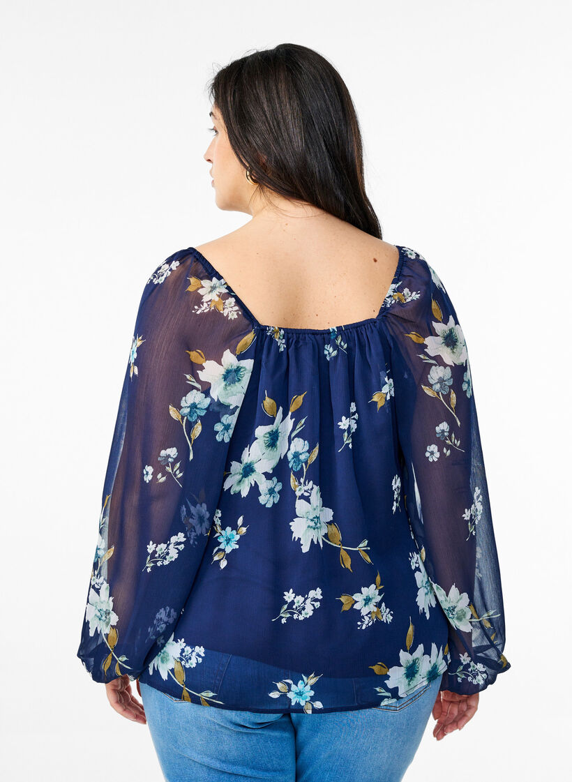 Chiffon blouse with floral print and long sleeves, Blue, Model image number 2