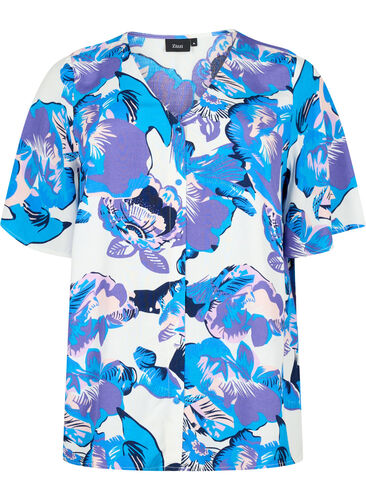 Short-sleeved viscose blouse with print, Bright White AOP LE, Packshot image number 0