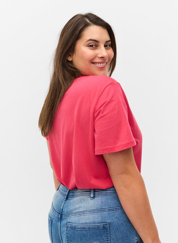 Short-sleeved cotton t-shirt with a print, Raspberry TEXT, Model image number 1