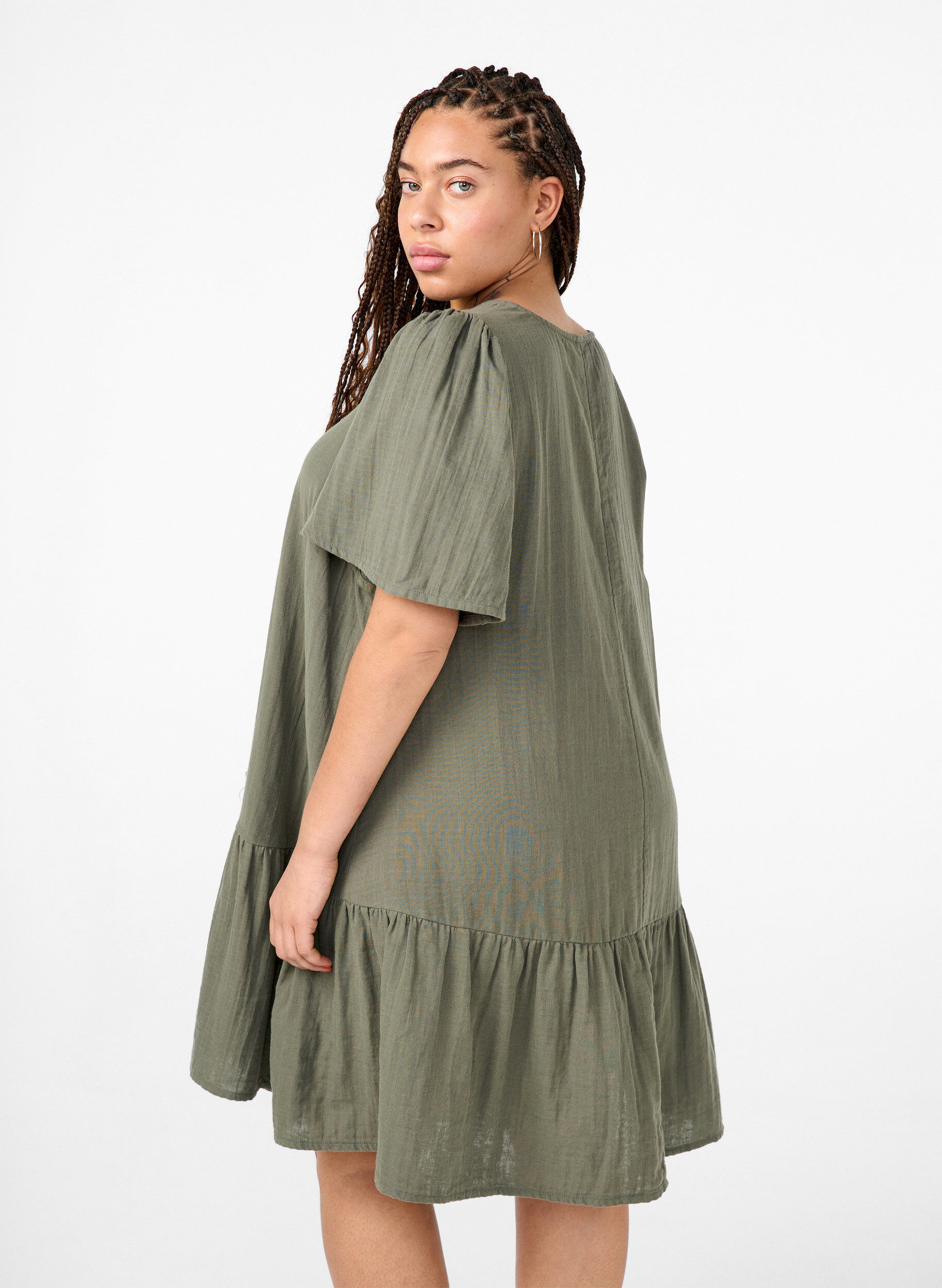 ZizzifashionCotton short-sleeved dress with a-line cut, Green, Model image number 2