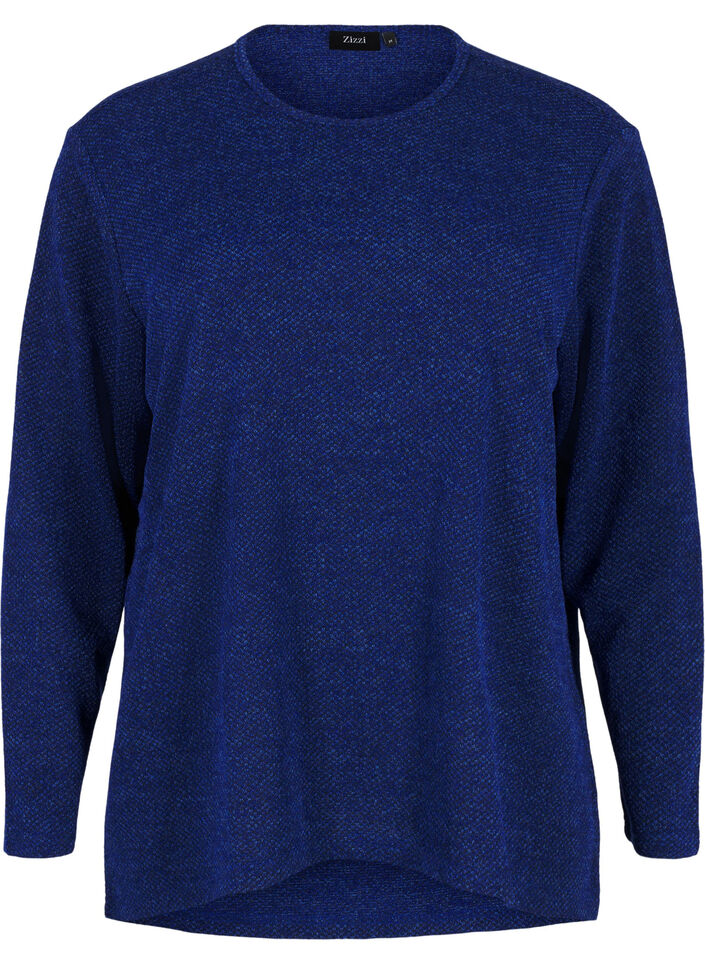 Melange blouse with round neck and long sleeves, Sodalite Blue, Packshot image number 0