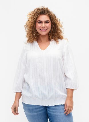 Viscose blouse with 3/4 sleeves and smock, Bright White, Model image number 0