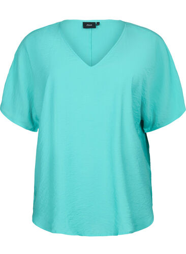Short-sleeved viscose blouse with v-neck, Turquoise, Packshot image number 0