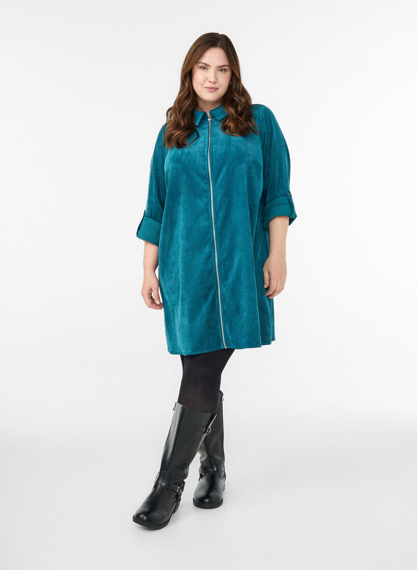 Corduroy dress with zipper and 3/4 sleeves, Green, Model image number 1