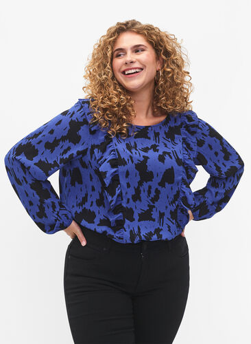 Long sleeved blouse with ruffles, Black Blue AOP, Model image number 0