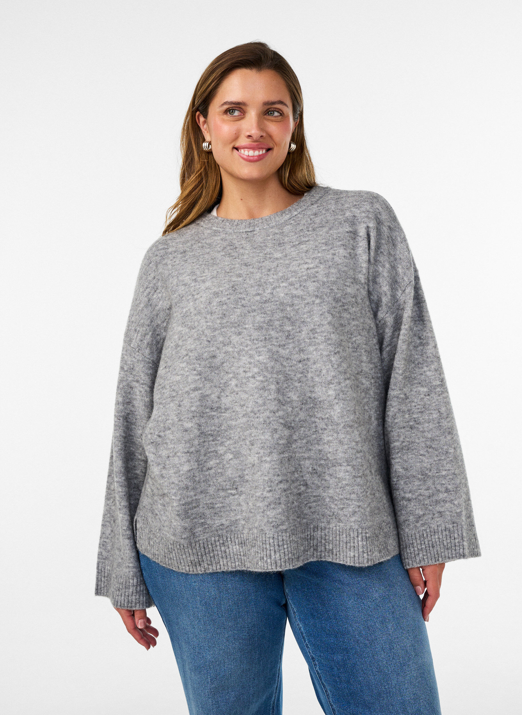 ZizzifashionLoose knitted blouse with alpaca and wool, Grey, Model image number 0