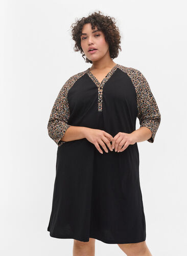 cotton night dress with printed detail, Black Ditzy Flower, Model image number 0