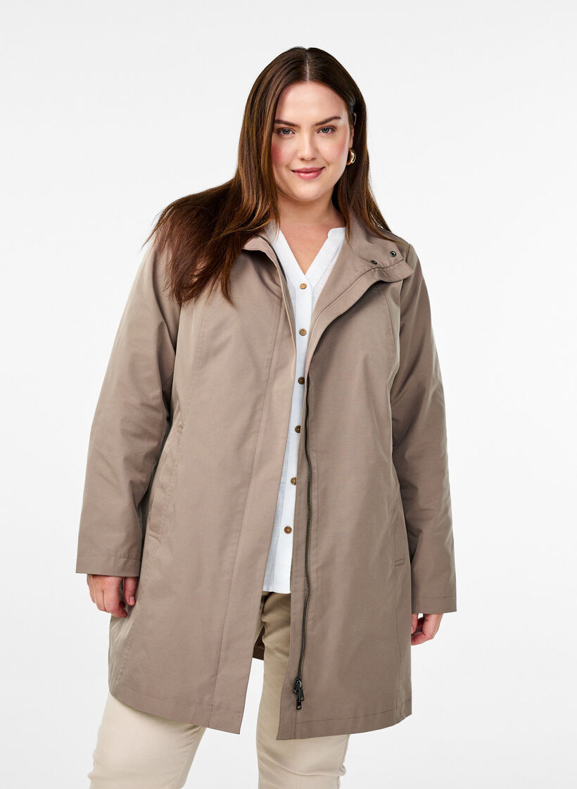 Jacket with pockets and high collar, Brown, Model image number 0
