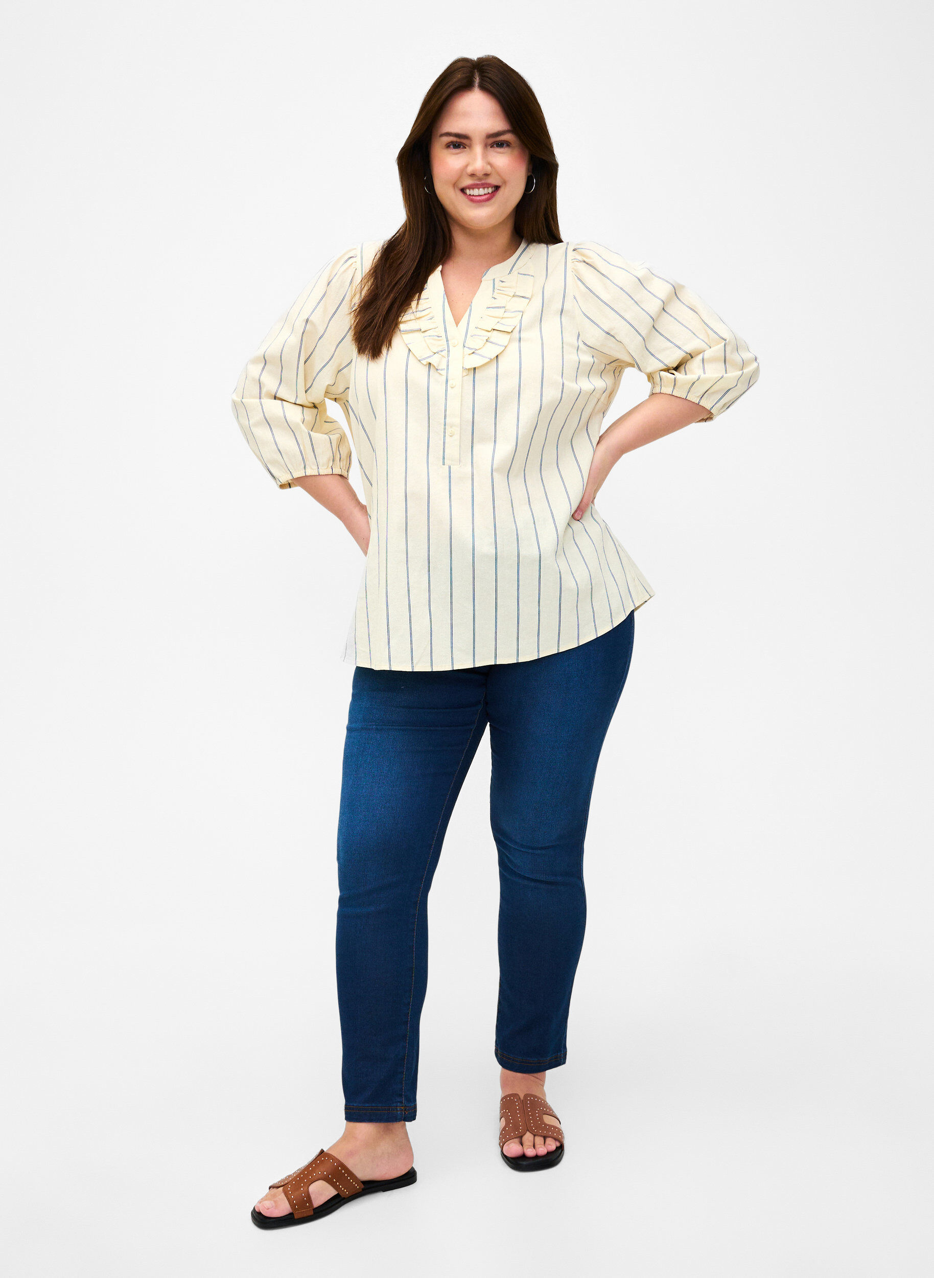 Zizzifashion 3/4 sleeve cotton Blouse with stripes, Eggnog Stripe, Model image number 2