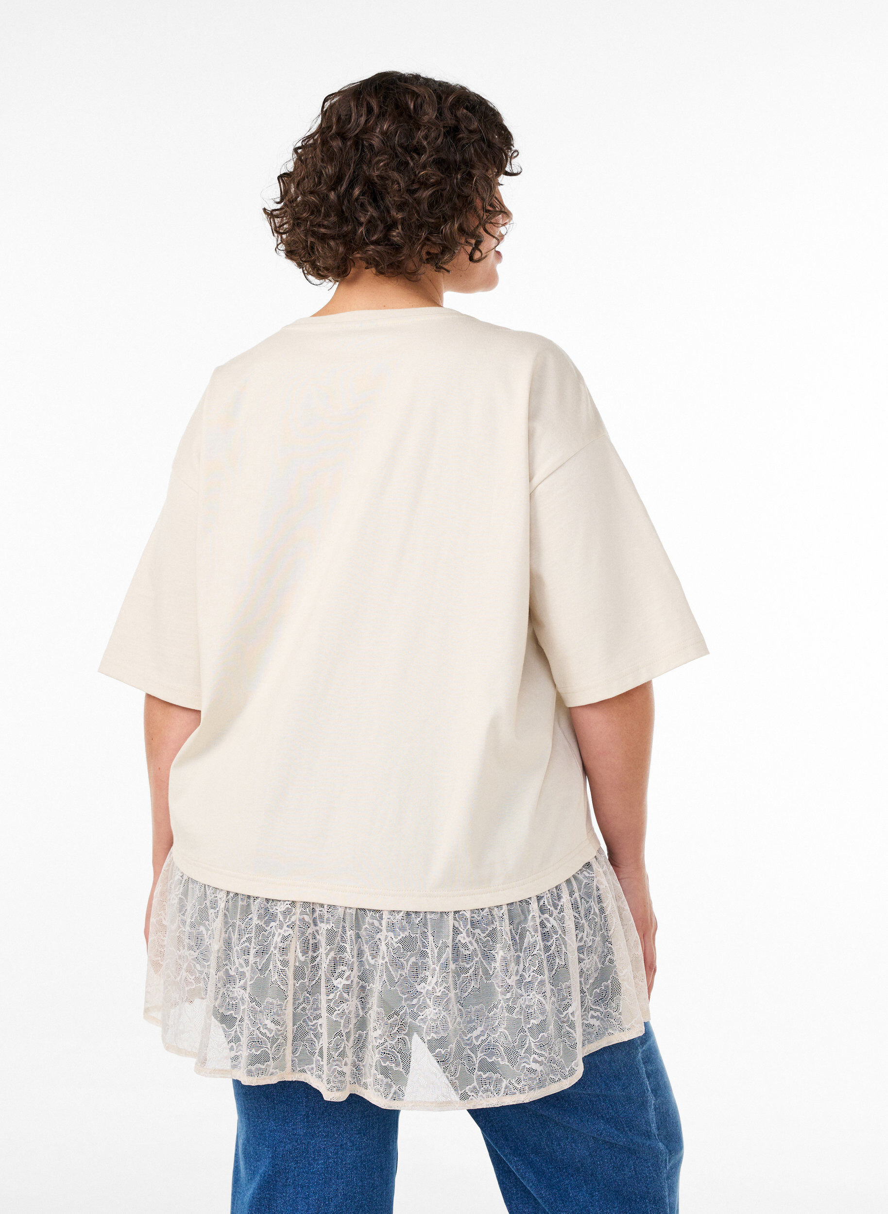 ZizzifashionLoose T-shirt with wide lace trim, Beige, Model image number 2