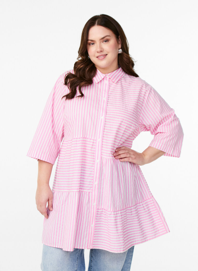 Striped tunic with 3/4 sleeves and an A-line shape, Pink, Model image number 0