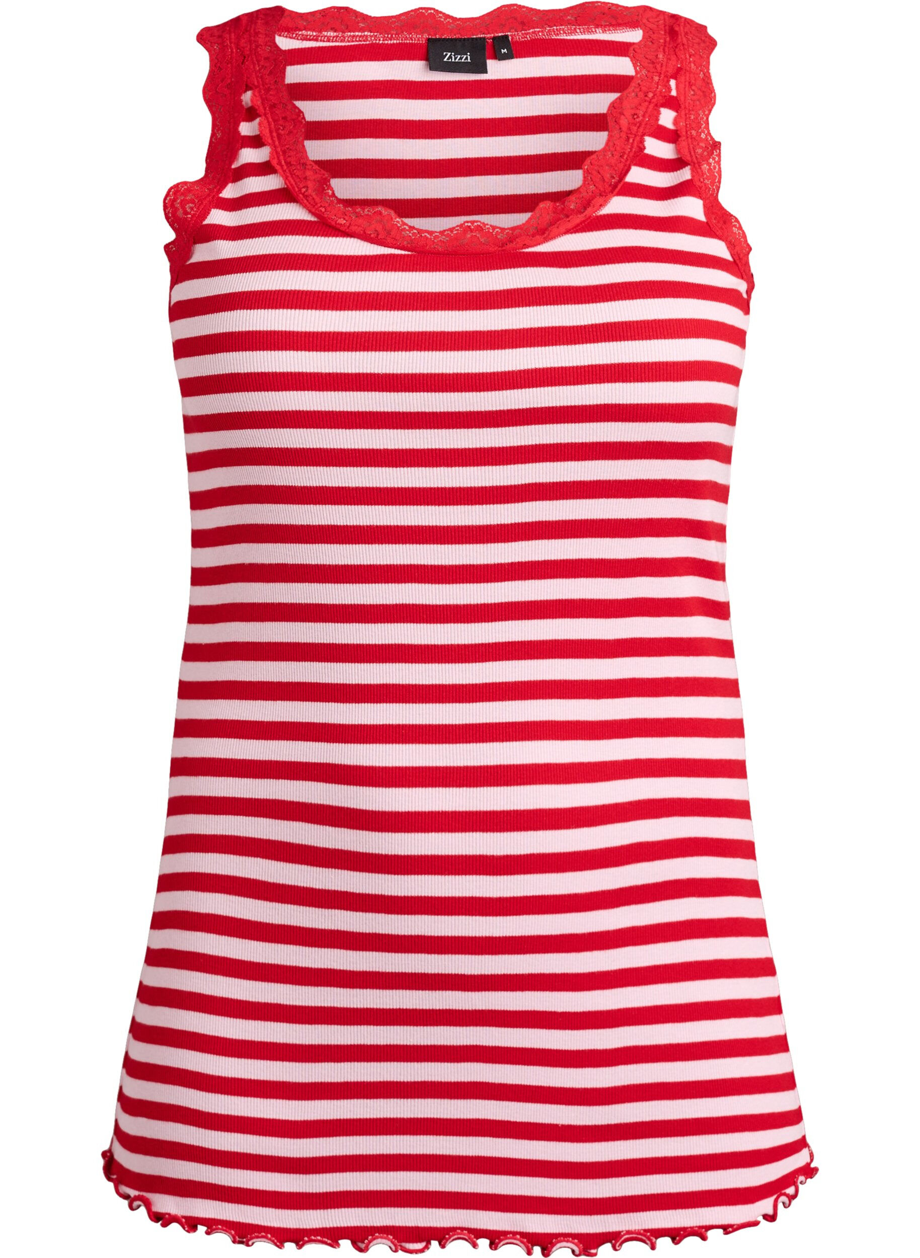 Striped top with a ribbed texture and a lace trim