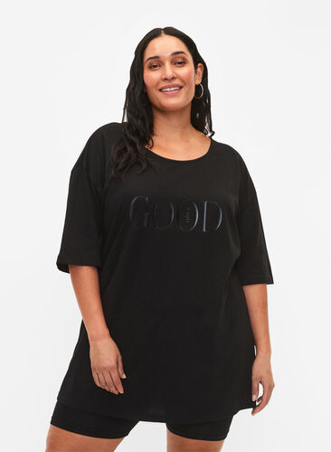 Oversize cotton t-shirt with print, Black GOOD, Model image number 0
