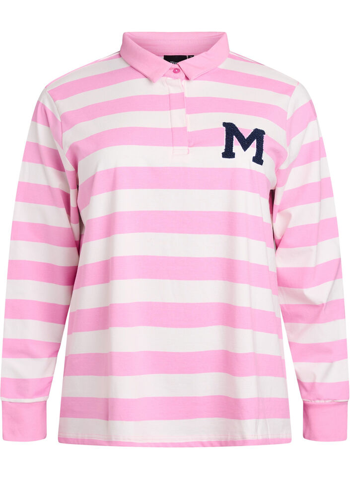 Striped polo shirt with terry detailing, Bubblegum w. White, Packshot image number 0
