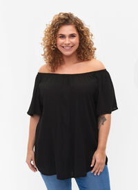 Plain viscose blouse with short sleeves, Black, Model
