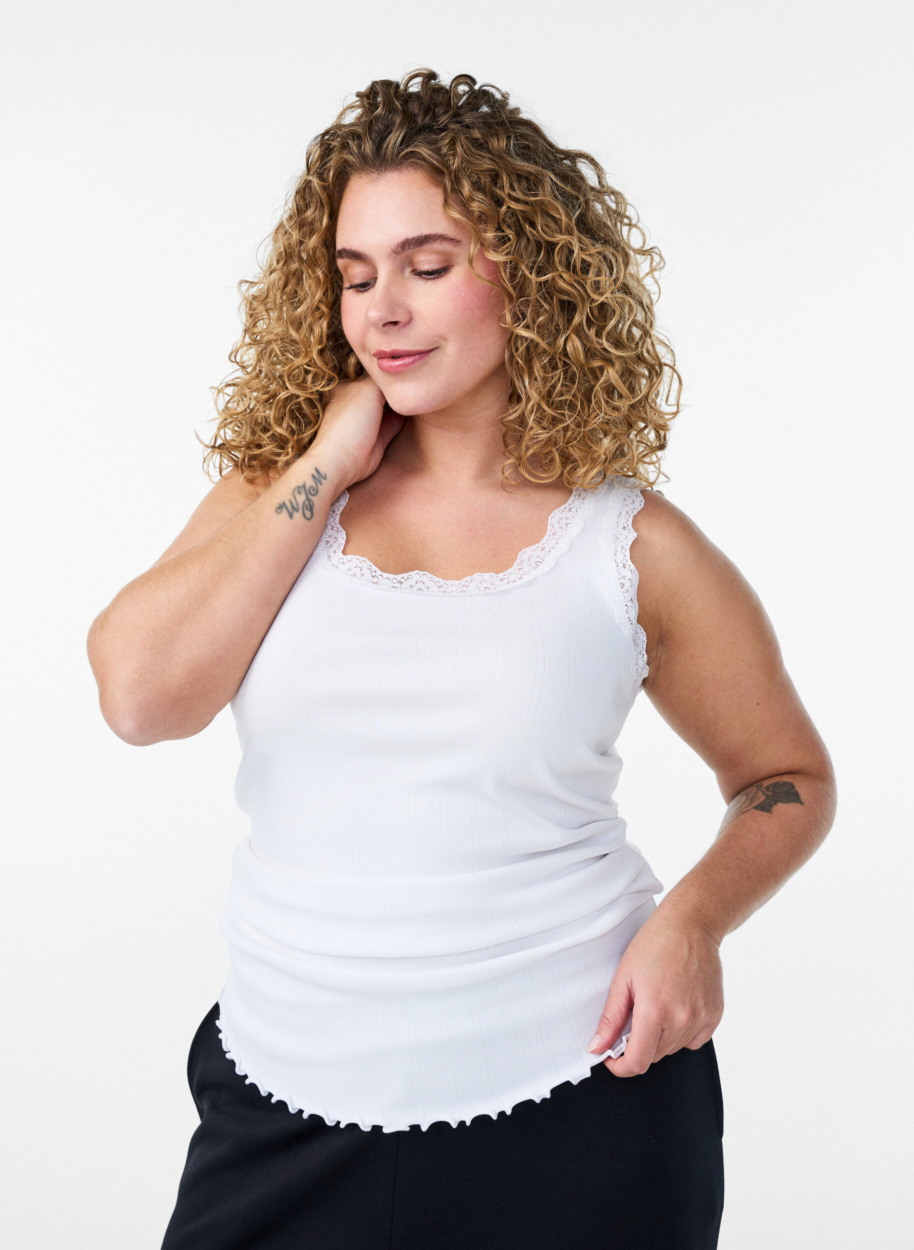 Zizzifashion Tank top with lace trim and eyelet embroidery, White, Model image number 0