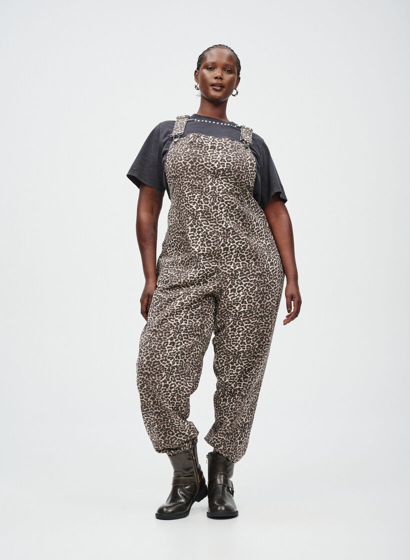 Leopard print denim dungarees, Brown, Image image number 0