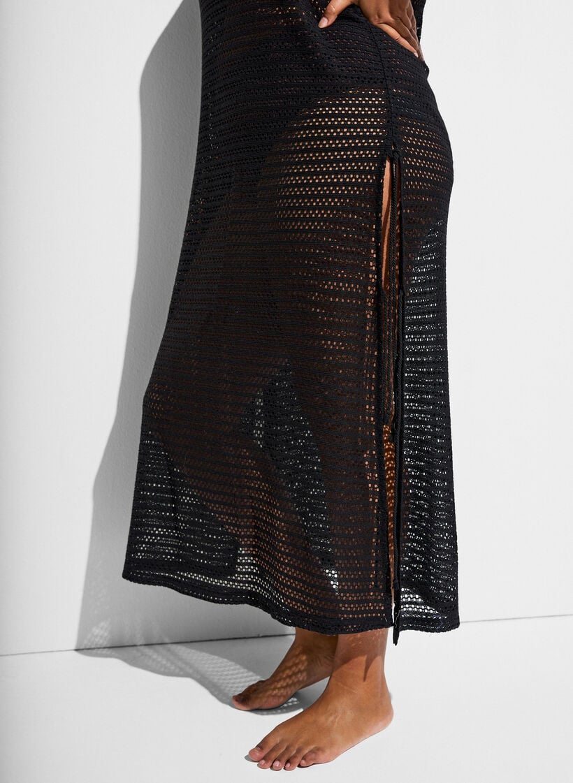 Sleeveless beach dress with eyelet embroidery and side slits, Black, Model image number 2