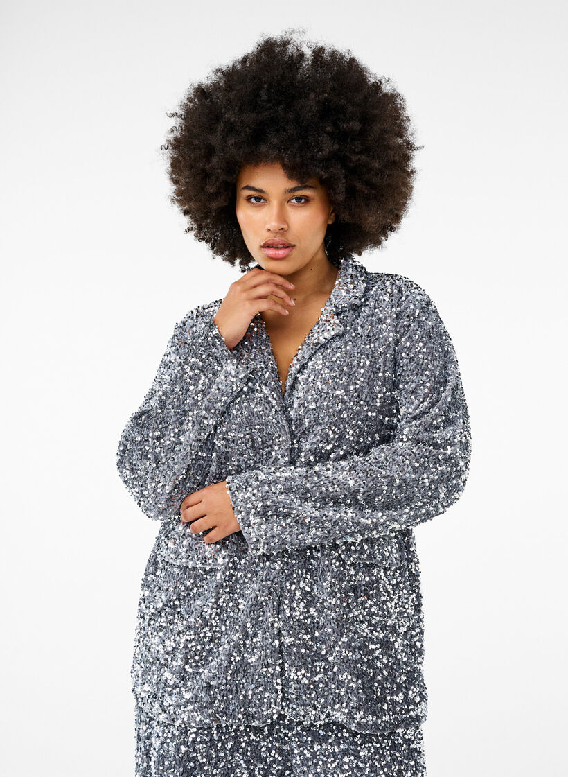 Sequin blazer with pockets, Silver, Model image number 0