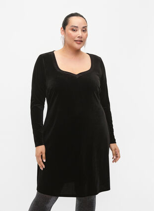 Velour dress with long sleeves, Black, Model image number 0