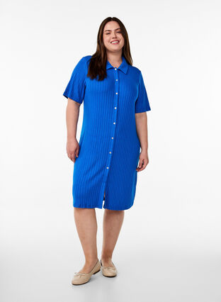 Knee-length jersey shirt dress with short sleeves - Blue - Sz. 40-64 - Zizzifashion Knee-length jersey shirt dress with short sleeves - Blue - Sz. 40-64 - Zizzifashion