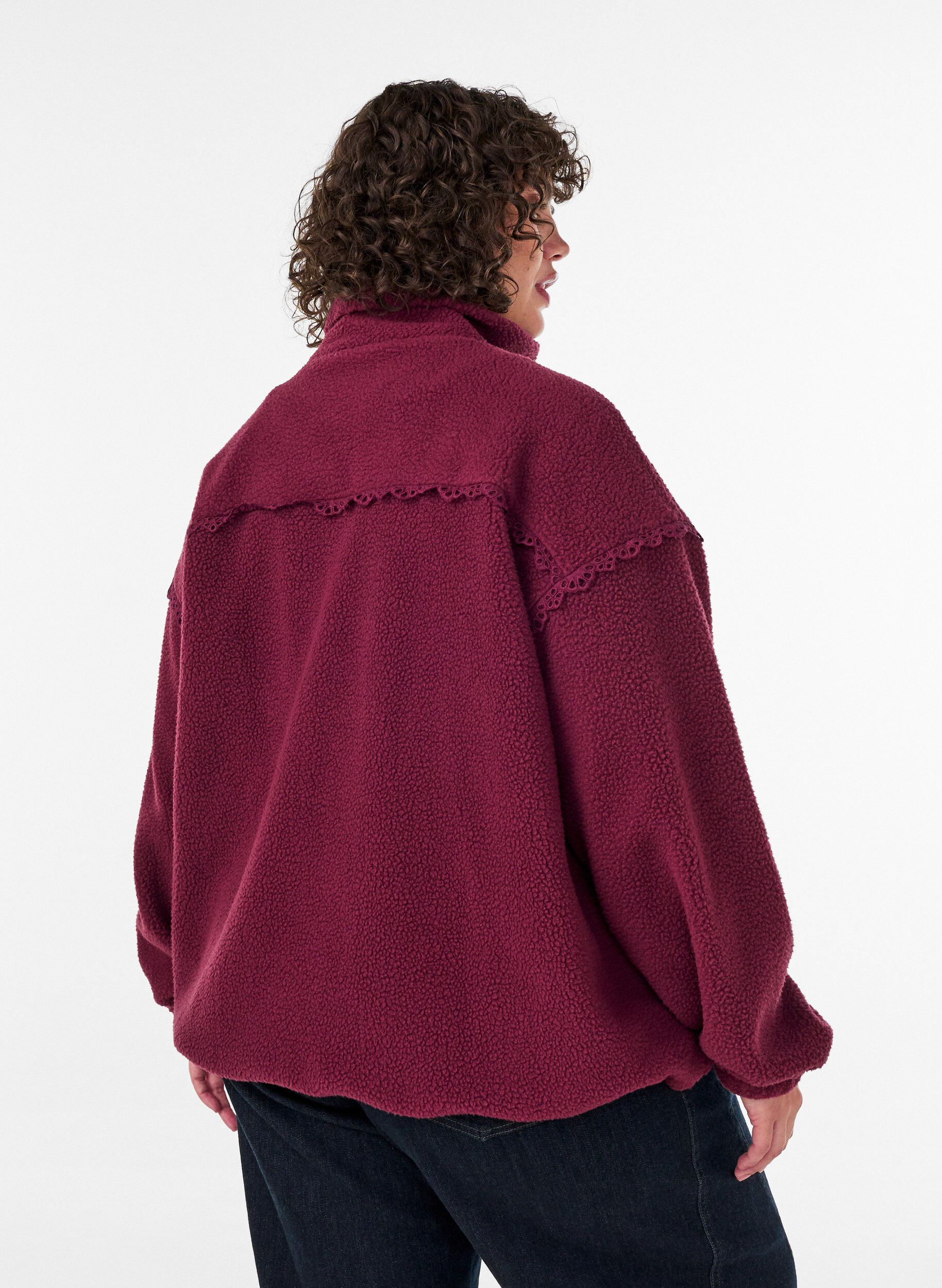 ZizzifashionTeddy jacket with eyelet embroidery trim and high collar, Red, Model image number 2