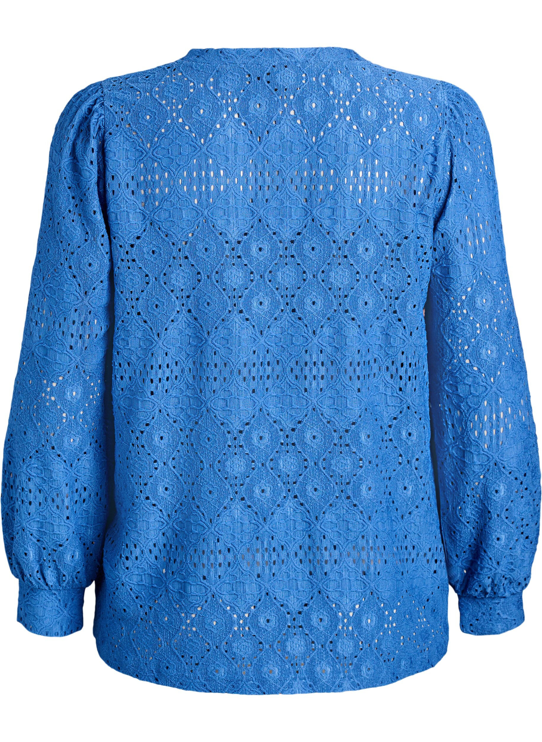 Zizzifashion Long-sleeved blouse with eyelet embroidery, Blue, Packshot image number 1