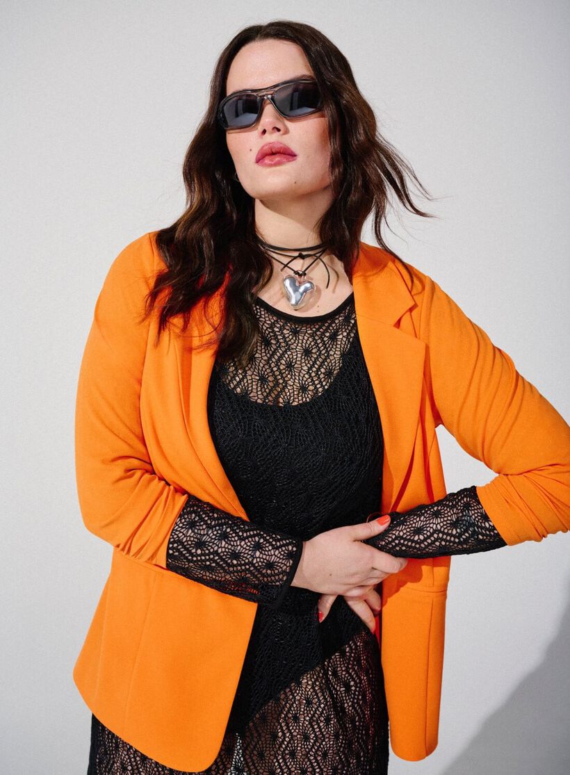 Orange blazer with lace dress, , Model, 1