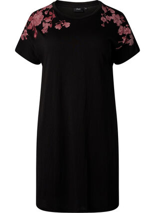 Cotton nightdress with floral print, Black, Packshot image number 0