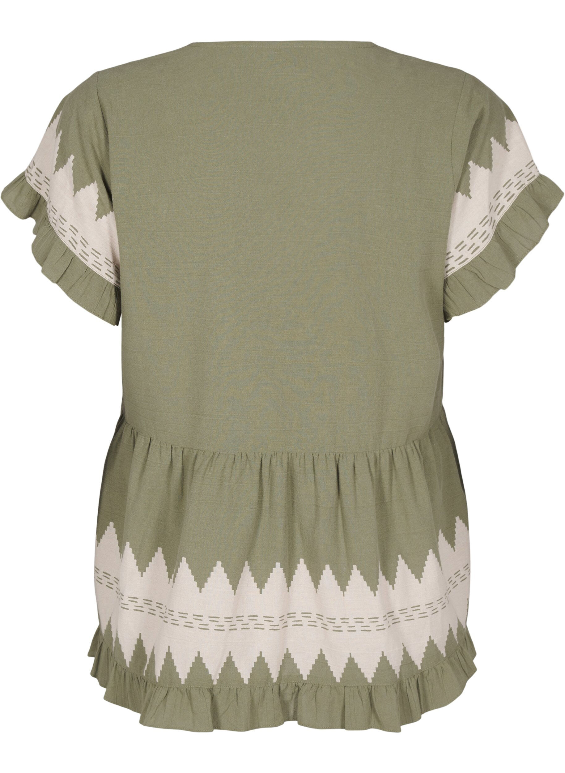 Zizzifashion Short-sleeved blouse with ruffles and graphic pattern, Green, Packshot image number 1