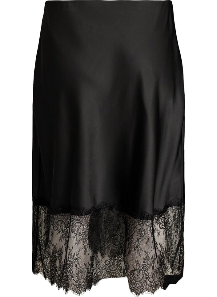 Satin-look skirt with lace trim, Black, Packshot image number 1