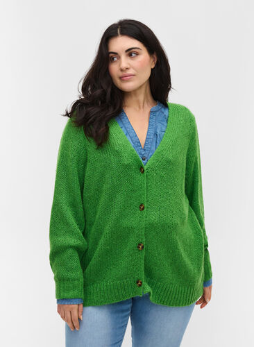 Knitted cardigan with buttons and V-neck, Online Lime, Model image number 0