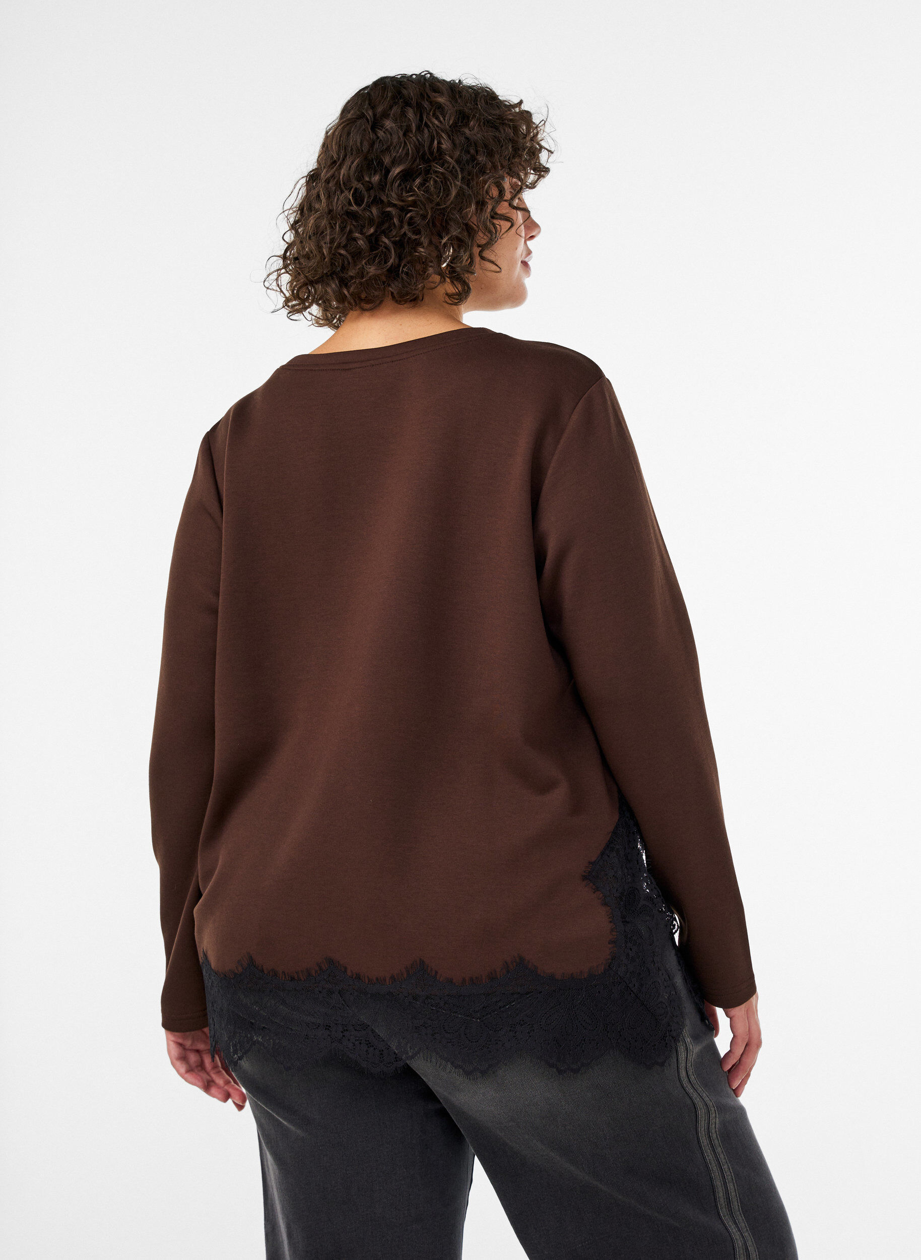 ZizzifashionJersey blouse with lace trim, Brown, Model image number 2