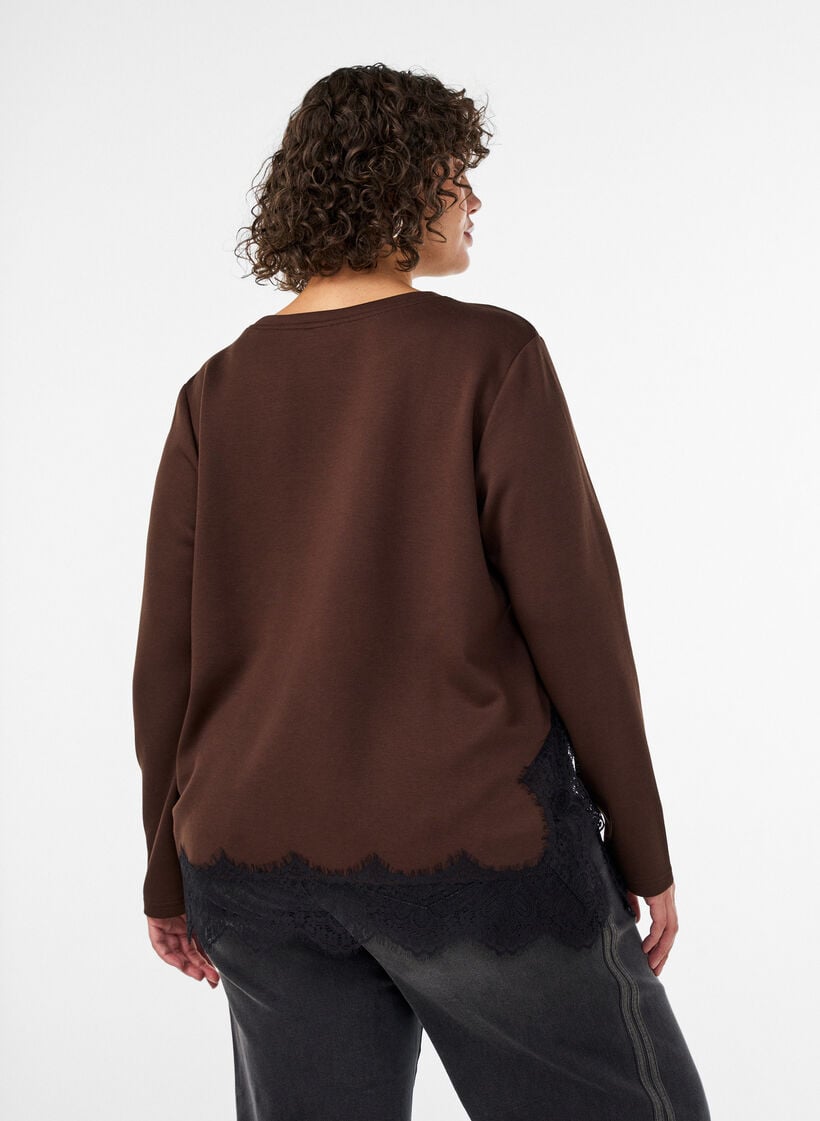 Jersey blouse with lace trim, Brown, Model image number 2