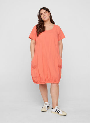 Short sleeve cotton dress, Hot Coral, Model image number 2