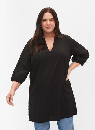 Textured tunic with 3/4 sleeves, Black, Model image number 0