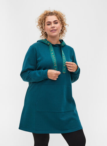 Sweat dress with a hood and pocket, Deep Teal, Model image number 0