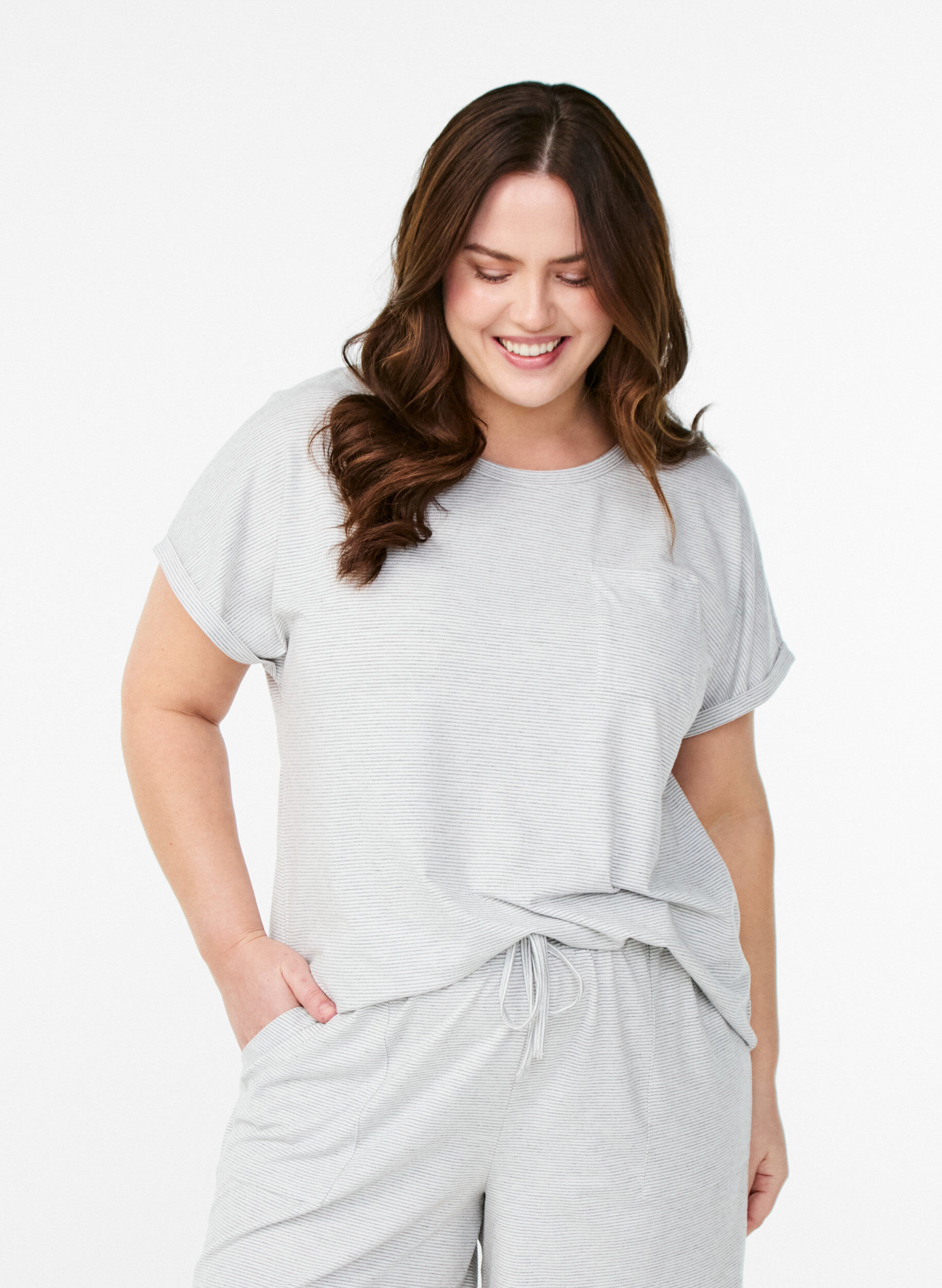 Striped nightshirt with short sleeves, Grey, Model
