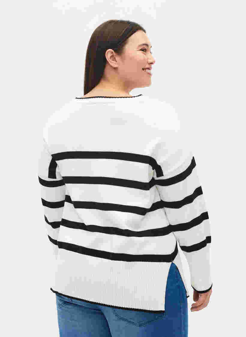 Striped knitted jumper with slit, Cloud Dancer w Black, Model image number 1