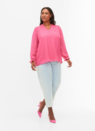 Blouse with long sleeves and frill details, Shocking Pink, Model image number 2