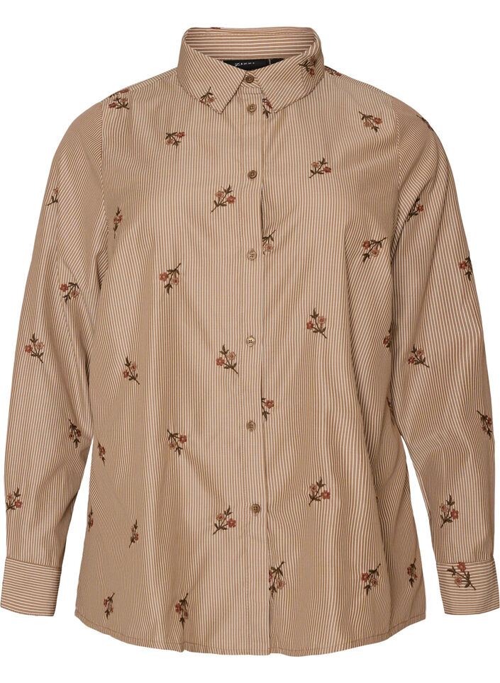 Striped shirt with embroidered flowers, Brown, Packshot
