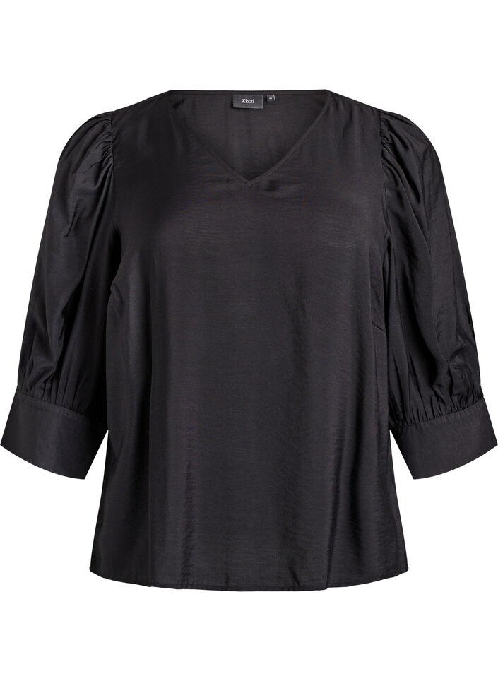 Blouse with V-neck and 3/4-sleeves, Black, Packshot image number 0