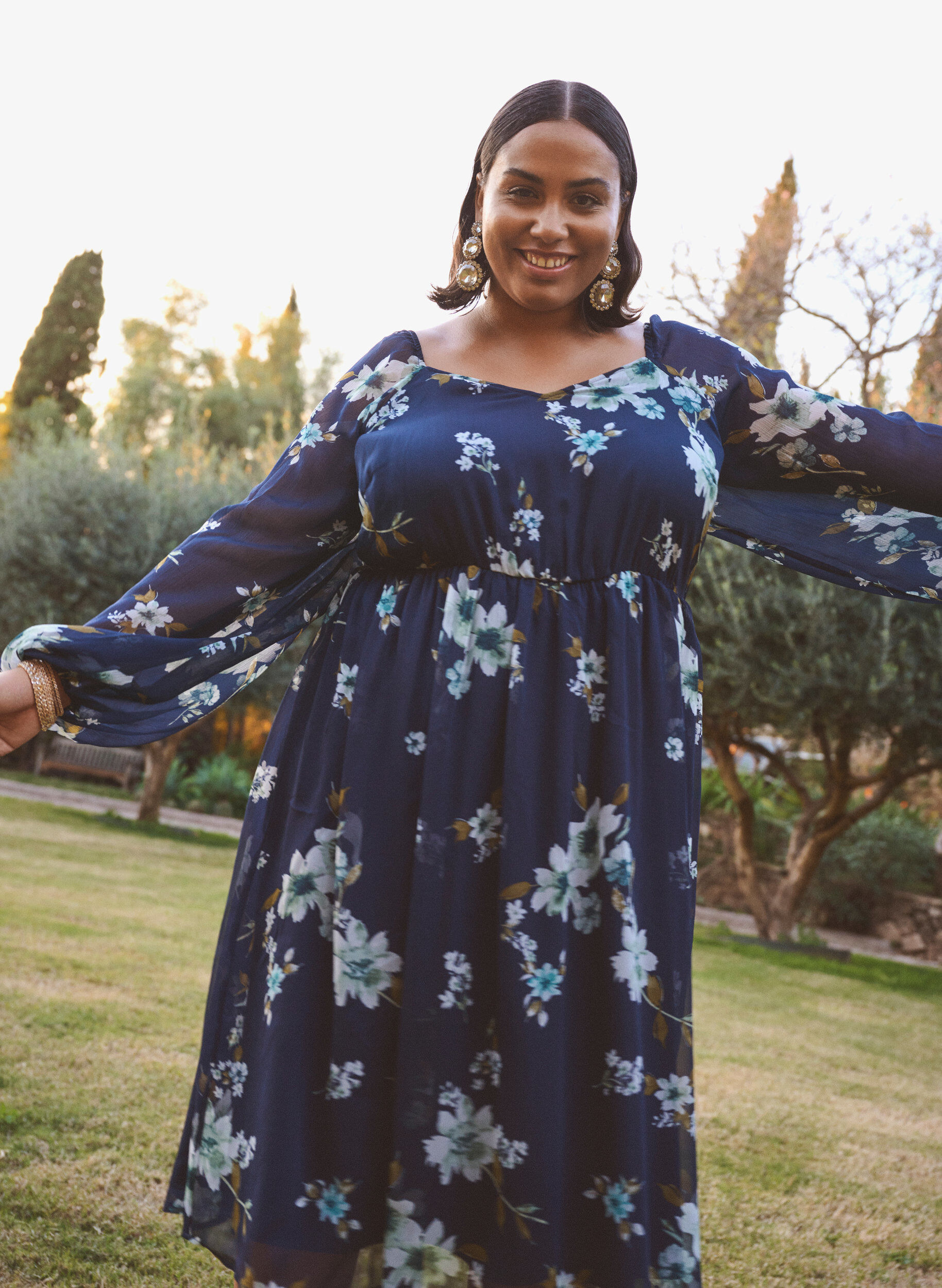 ZizzifashionChiffon party dress with long sleeves, Blue, Image image number 0