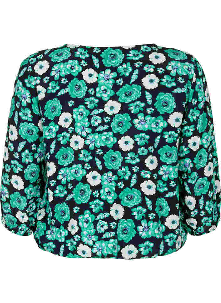 Floral viscose blouse with smocking, Green Flower AOP, Packshot image number 1