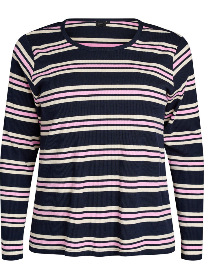 Long-sleeved night top in ribbed jersey with stripes, Blue, Packshot image number 0