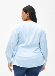 Satin party blouse with wrap, Delicate Blue, Model